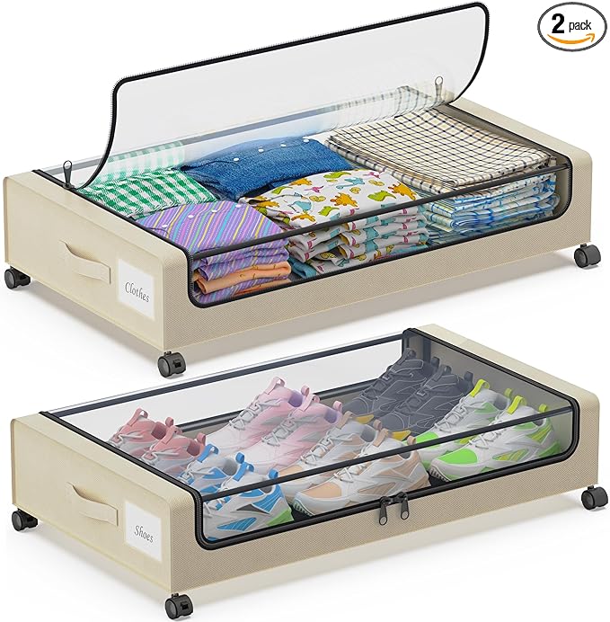 Under Bed Storage with Wheels, 2-Pack Under Bed Storage Containers with Clear Lids, XXL 60L Under the bed storage Organizer Bins, Rolling Under Bed Metal Drawer for Clothes,Shoes,Toys (White, 2 Pack)