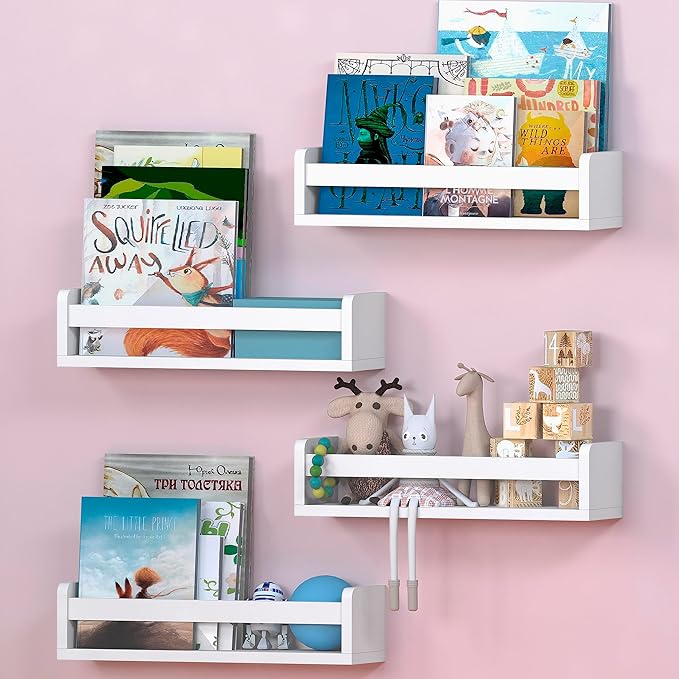 NATURE SUPPLIES Set of 4, White Floating Nursery Book Shelves, 16.4" Solid Wood Floating Bookshelves, Wall Book shelf for Kids Rooms Decor, Toys & Playroom Furniture, Kids Bookshelf, Nursery Bookshelf