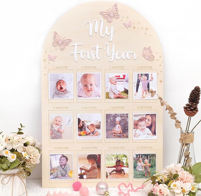 YOUAME My First Year Birthday Wooden Photo Board - Butterfly Themed First Year Milestone Photo Board, 12 Months Baby Girl Birthday Picture Wood Frame, Girls Pink Birthday Party Decorations