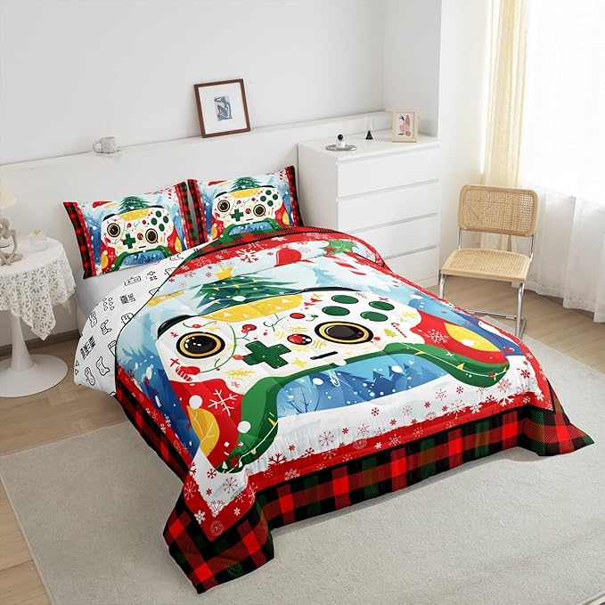 Gamer Gaming Bedding Set Full Size,Christmas Tree Snowflake Comforter Set for Kids Boys Girls Room Decor,Video Games Christmas Theme Duvet Insert 3Pcs,Red Green Plaid Xmas Quilt Set,2 Pillowcases