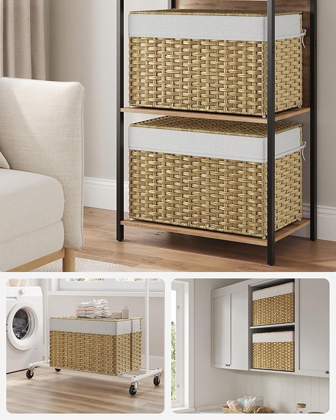 SONGMICS Storage Basket with Lid, 27.7 Gallon (105L) Storage Bin, Woven Blanket Storage Basket with Handles, Foldable, Removable Liner, Metal Frame, for Bedroom, Laundry Room, Natural URST066N01