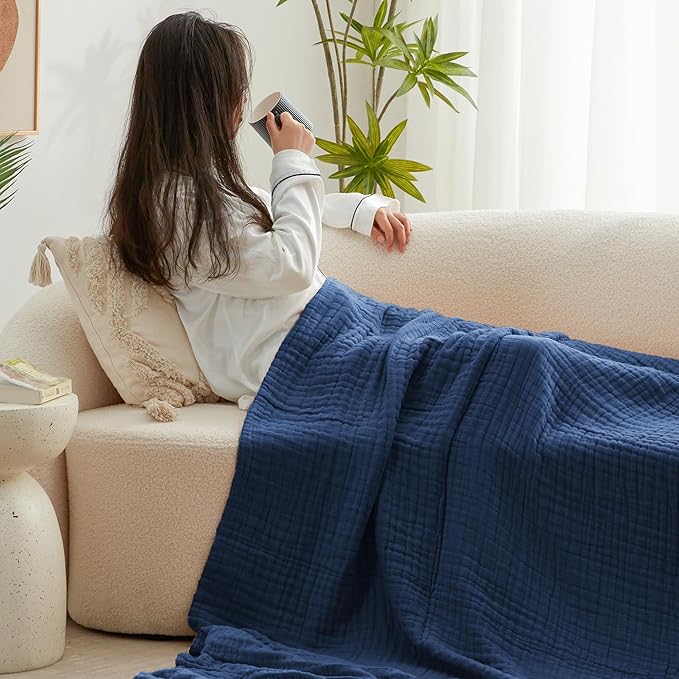 Love's cabin 6 Layer 100% Cotton Muslin Blanket, 90"x90" Muslin Blanket Queen for Couch Bed, Lightweight and Breathable Cotton Gauze for Adult, Dark Blue