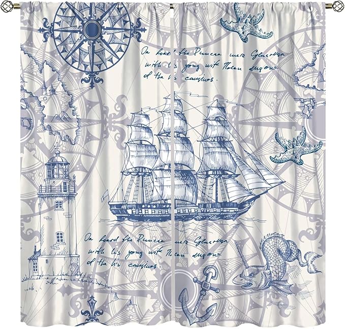 Nautical Sailboat Map Curtain,Ship Compass Lighthouse Anchor Decorative Curtain Polyester Fabric Waterproof Bedroom Curtain Set 2 Panels,42x45 Inches