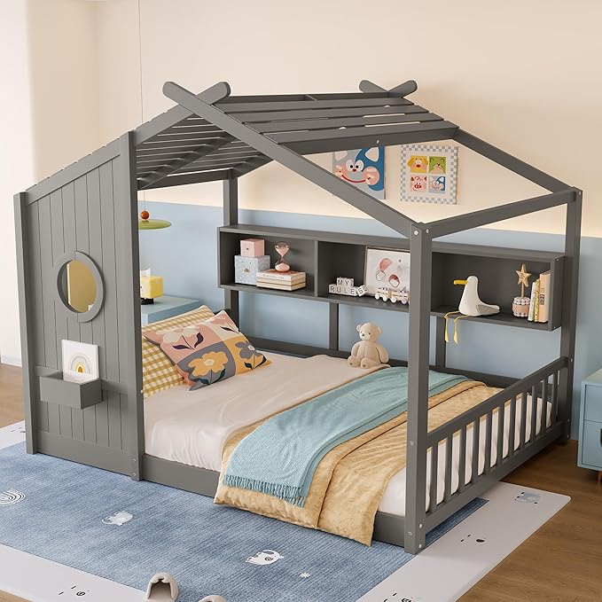 Merax Wood Floor House Bed with Storage Shelves, Full Size Low Day Bed with Headboard & Wood Slat Support, No Box Spring Needed, Gray