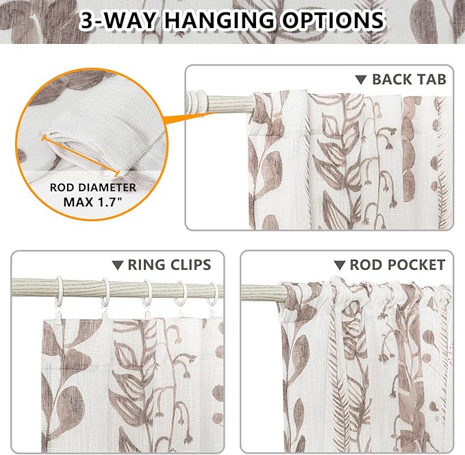 MEETSKY Boho Curtains for Bedroom Linen Style Boho Curtains 84 Inches Long 2 Panels Brown Semi Sheer Privacy Protection Drapes for Living Room Printed Window Treatment, 50x84 Inch