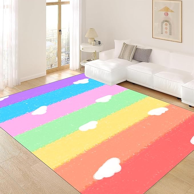 Soft Rainbow Area Rugs Girl's Bedroom Fluffy Colorful Rugs Cute Floor Mats Furry Children's Play Mats White Cloud Rainbow Prints Living Room Kids Room Nursery Home Decor 5x7ft
