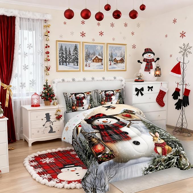 Kawaii Snowman Comforter Set Full Size,Rabbit Bird Winter Poinsettia Kids Bedding Set,Pine Tree Xmas Animal Snowflake Quilt Comforter,Gray Green Duvet Insert,2 Pillowcases