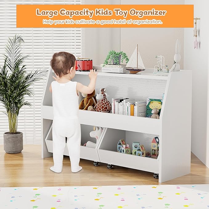 COZPAW Toy Storage Organizer, 2 Tier Montessori Shelf with Movable Bins, Toy Organizers Book Shelf for Kids Room, Playroom, Nursery (White)