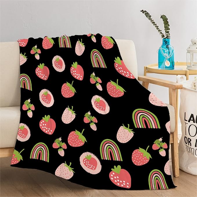 Thuswarm Cute Pink Strawberry Rainbow Flannel Throw Blanket Warm Cozy Soft Funny Print Blankets for Bed Couch Sofa Room Decoration Gifts 60"×50" Medium for Teen