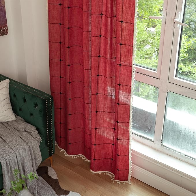 Deeprove Red Boho Curtains for Bedroom 84 Inches Long, Burgundy Checkered Bohemian Chic Textured Embroidery Plaids, Vintage Handmade Tassels Country Xmas Christmas Decor Drapery, 1 Panel W52 x L84