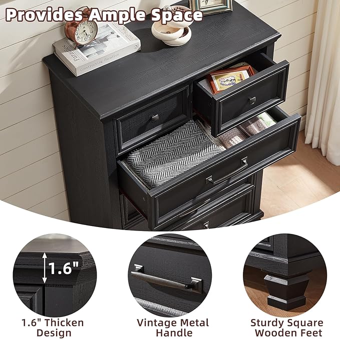 Farmhouse Bedroom Dresser and Nightstand Set of 4, 6 Drawer Tall & Low Dresser & 2 Drawer Nightstand Set, Rustic Wood Furniture Set for Bedroom, Hallway, Black