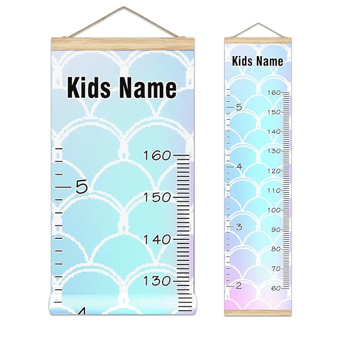 Personalized Kids Name Growth Chart Ruler for Wall Wood Frame Height Measure Chart 13.4x56 in Linen Hanging Height Growth Chart Rainbow Mermaid Kids Room Decor