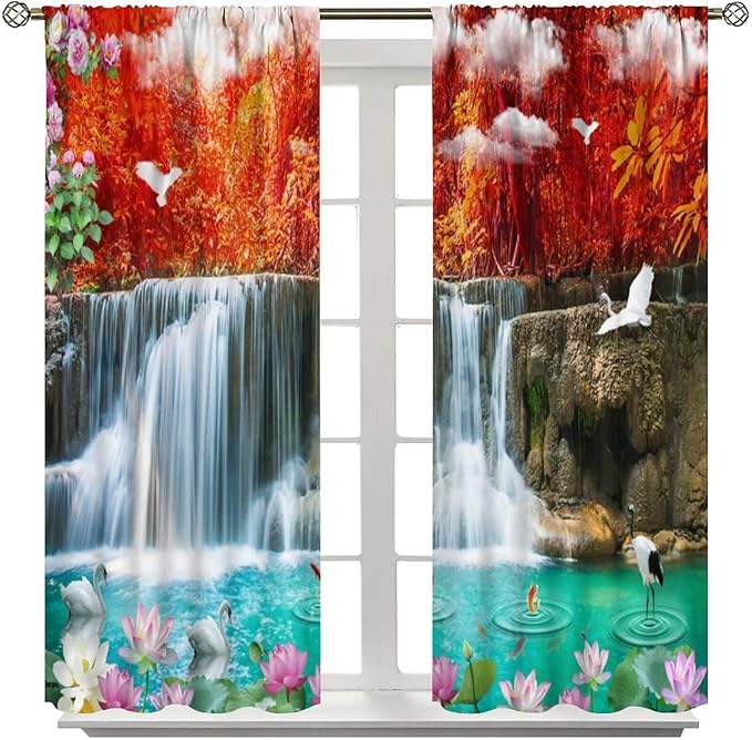 Nature Blackout Curtains, Waterfall Landscape Forest River Crane Fish Floral Pattern Rod Pocket Window Drapes, for Bedroom Living Room 52" W X 84" L