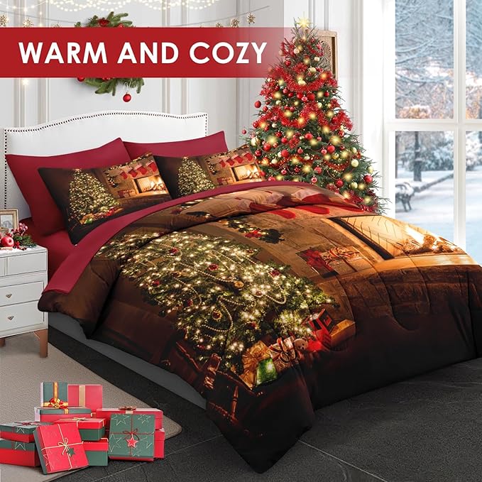 7 Pcs Queen Size Christmas Comforter Set with 2 Pillowcases & 2 Shams, Vintage Fireplace Tree Bedding for Kids and Adults, Winter Holiday Red Socks Bed in a Bag with Flat Fitted Sheet
