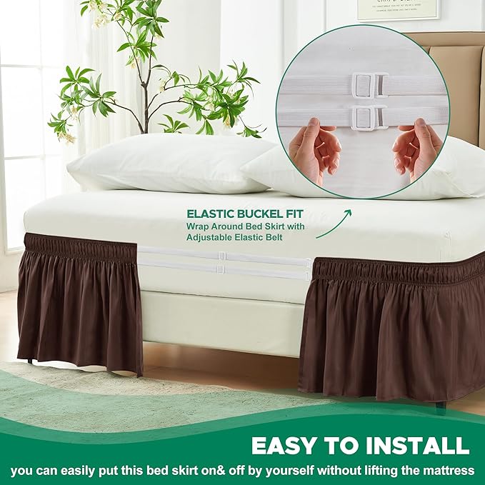 Biscaynebay Wrap Around Bed Skirts for Queen Beds 19" Long Drop, Brown Adjustable Elastic Dust Ruffles Easy Fit Wrinkle & Fade Resistant Silky Luxurious Fabric Solid Machine Washable