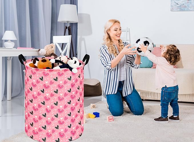 KUNRO Heart Valentine's Laundry Gift Basket Storage Hamper, Kids Toys and Clothes Storage Organizer Bins, Toy Shelf Basket with Handles for Room Decor