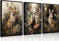 3pcs Vintage Forest Animal Canvas Wall Art Wild Animal Deer Rabbit Fox Paintings Pictures Dark Academia Wall Decor Gothic Botanical Posters Print Artwork for Living Room Office Decor 16x24in Unframed