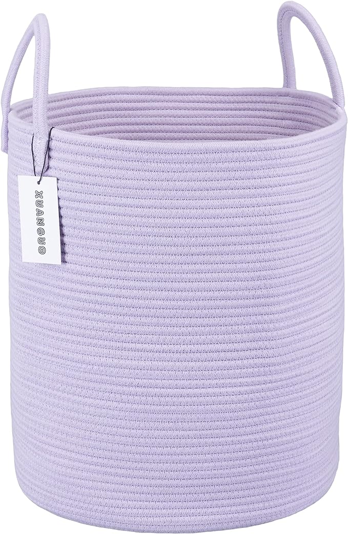 Rope Laundry Basket Hamper for Clothes Woven Storage Basket for Living Room Bedroom Boho Tall Rope Baskets for Blanket Toys Pillow Towels Baby Nursery Hamper Bin Large purple or lavender