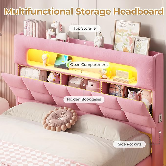 MSmask Full Upholstered LED Bed Frame with 2-Tier Storage Bookcase Headboard, Velvet Princess Bed with Crystal Button Tufted Headboard & Charging Station, Girls Platform Bed, Curved Legs, Pink