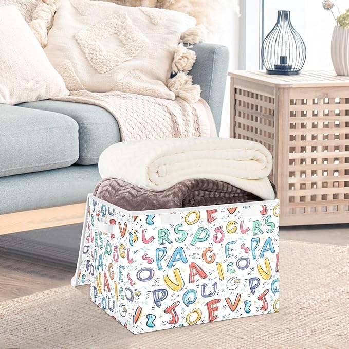 senya Large Storage Bins with Linen Collapsible Foldable Storage Cubes Fabric Closet Organizer Containers box with Flip-Top Lid for Home Bedroom Office 16.7 x 12.6 x 11.8in (Style Latin Alphapet)