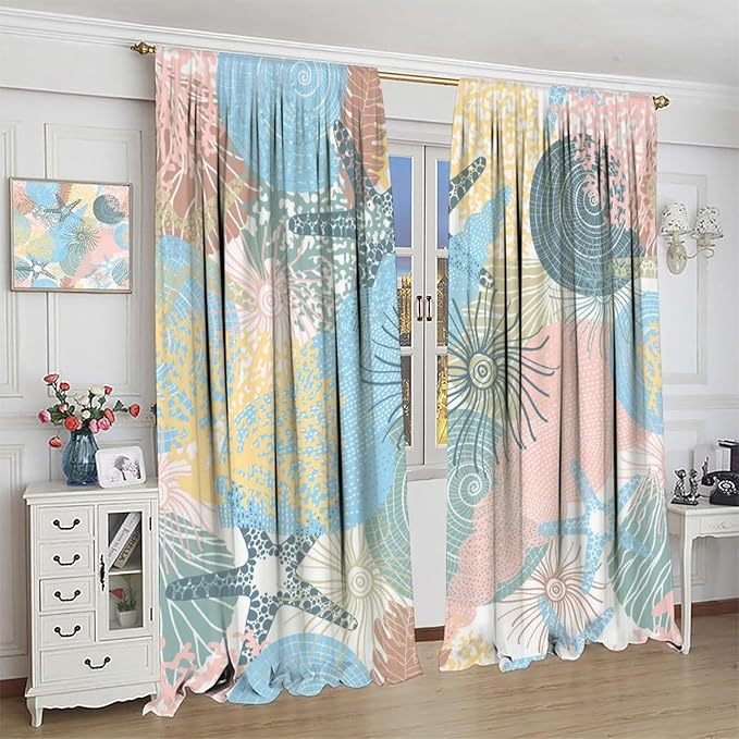 Nautical Blackout Curtain Beach Theme Starfish Seashell Nautical Rustic Ocean Sea Vintage Retro Coastal Summer Bedroom Set 2 Panels,72x63 Inches