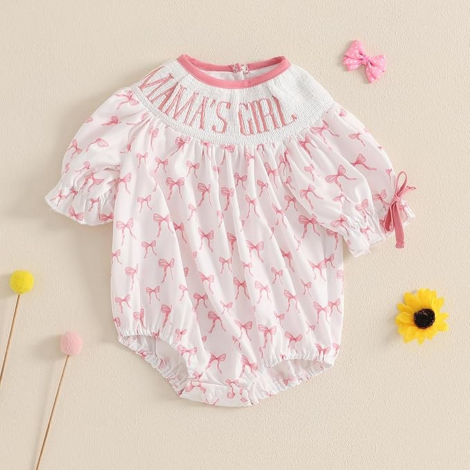Newborn Baby Girl Romper Mamas Mini Bow Plaid Print Puff Sleeve Smocked Bubble Romper Jumpsuit Bodysuit Clothes