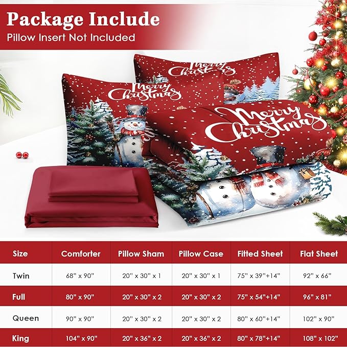 7 Pcs King Size Christmas Comforter Set with 2 Pillowcases & 2 Shams, Winter Wonderland Bedding for Kids and Adults, Happy Snowman Bed in a Bag with Flat Fitted Sheet
