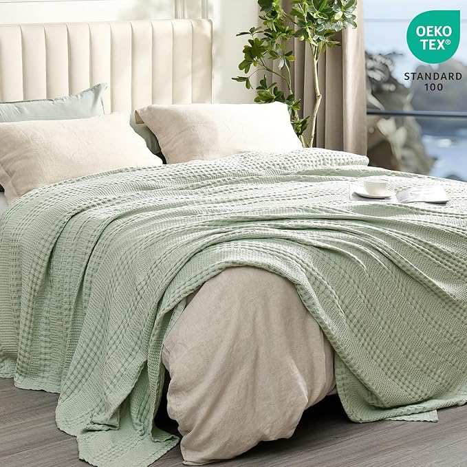 PHF Cooling Waffle Blanket Twin Size, Lightweight 60% Rayon Derived from Bamboo & 40& Cotton Breathable Blanket for Hot Sleepers, Soft and Luxury for Bed Couch and Sofa, 66"x90", Mint