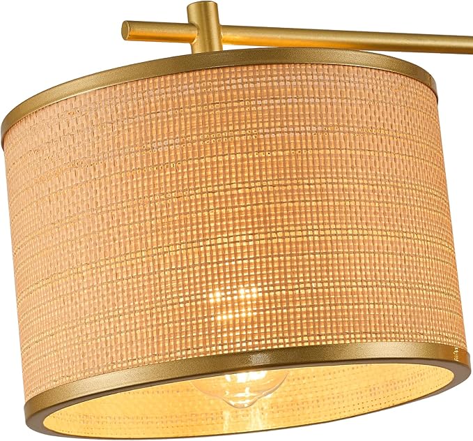41" Dining Room Light Fixtures Over Table with 3-Light Island Lights for Kitchen,Boho Large Linear Chandelier,Gold Drum Woven Rattan Chandelier（Height Adjustable）