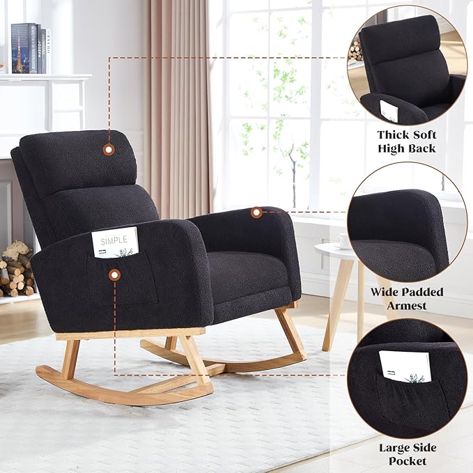 Rocking Chair Nursery, Nursing Rocking Chairs with Foot Rest for Mom Nursery, Rocker Glider Chair with High Backrest for Living Room, Bedroom, Black