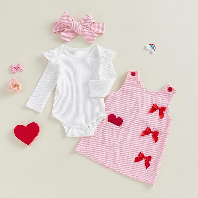 FIOMVA My First Valentines Day Outfit Clothes Baby Girl Romper Love Onesie Heart Embroidery Overalls Suspender Dress Set