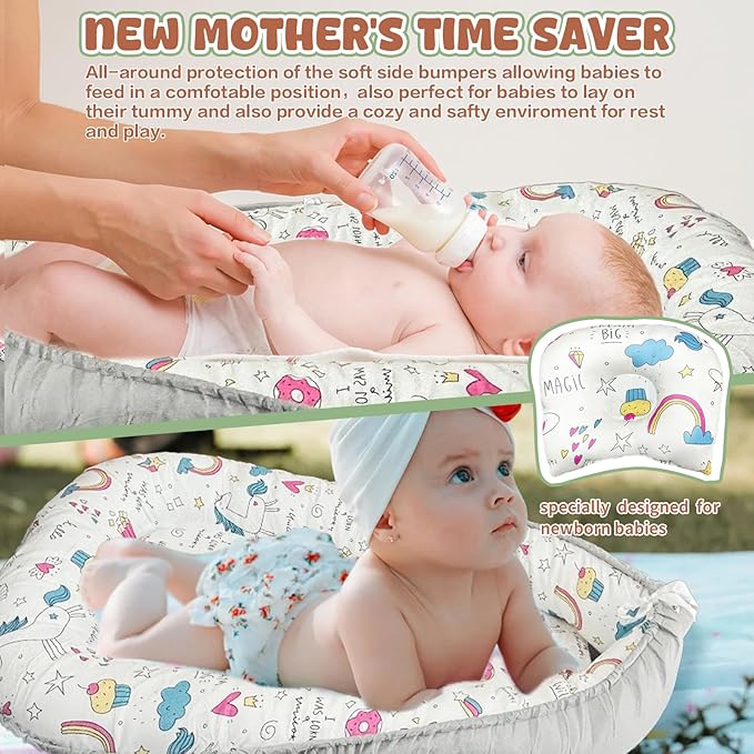 JIFTOK Baby Nests Lounger for Newborn, Snuggle Bassinet for 0-24M, Breathable Portable Co Bed, Baby Essentials Adjustable Infant Soft Cotton Loungers for Home & Travel -Ice Cream