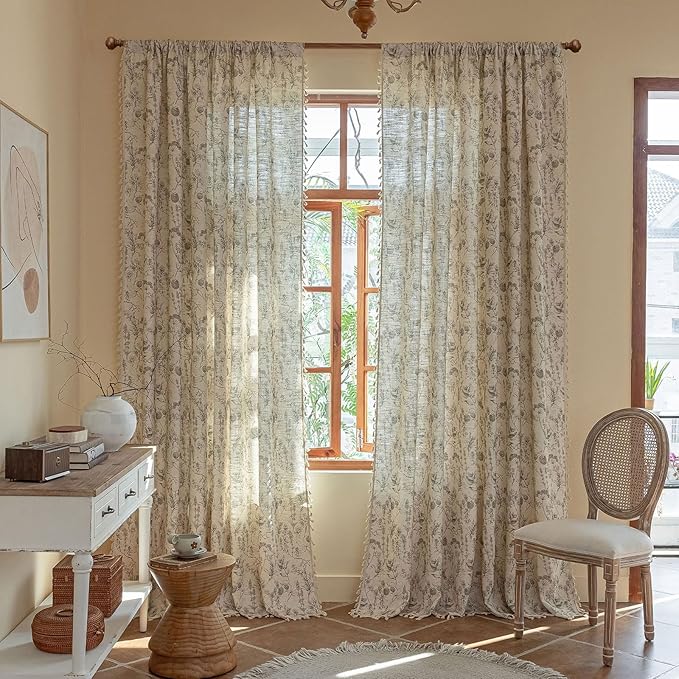 ENJOYBRIDAL Floral 96 Inch Curtains Vintage 2 Panels Drapes Rod Pocket Semi Sheer Rustic Long Window Curtain Panels Bedroom Boho Tassel Living Room Farmhouse Botanical Window Treatments