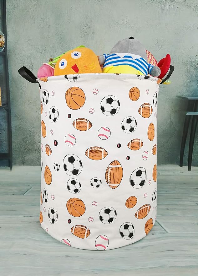 KUNRO Round Basketball Football Laundry Gift Basket Storage Hamper, Kids Toys and Clothes Storage Organizer Bins, Toy Shelf Basket with Handles for Room Decor (Balls)