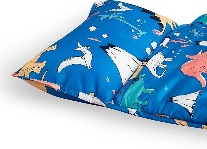 Toddler Nap Mat with Removable Pillow & Minky Blanket Sleeping Bag for Kids Handle & Fastening Nap Mats for Preschool Daycare Kindergarten Kids Sleeping Bag (Ages 2-7 Years) Blue Dinosaur