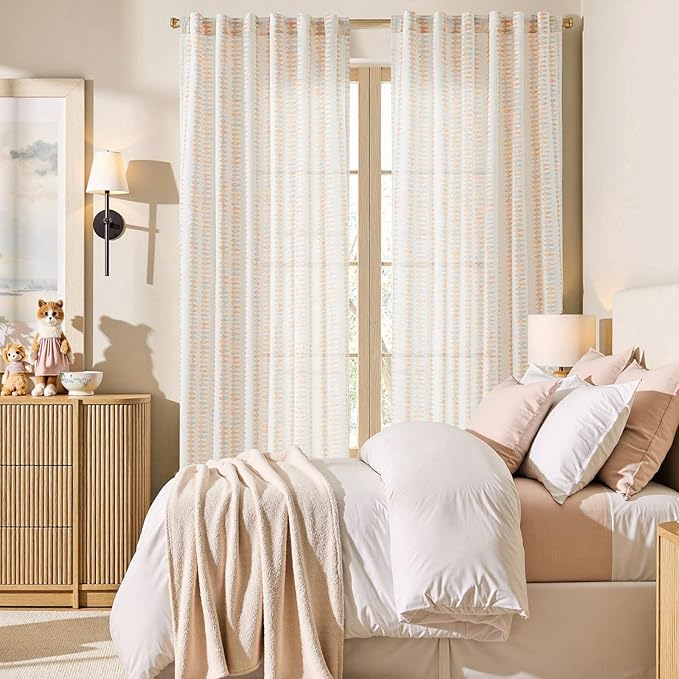 jinchan Linen Nursery Curtains for Living Room Boho Curtains for Bedroom Kids Room 96 Inches Long Pink Geometric Printed Farmhouse Drapes Rod Pocket Window Treatment Curtain Set of 2 Panels Peachy