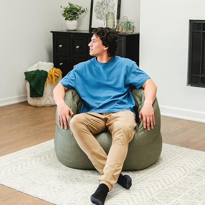 Big Joe Milano w/Vibe Vibrating Massage Bean Bag Chair for Kids, Teens, Adults, Olive Green, Vegan Leather, Lightweight Seat for Reading Nook and Gaming 2.5 Foot Refillable