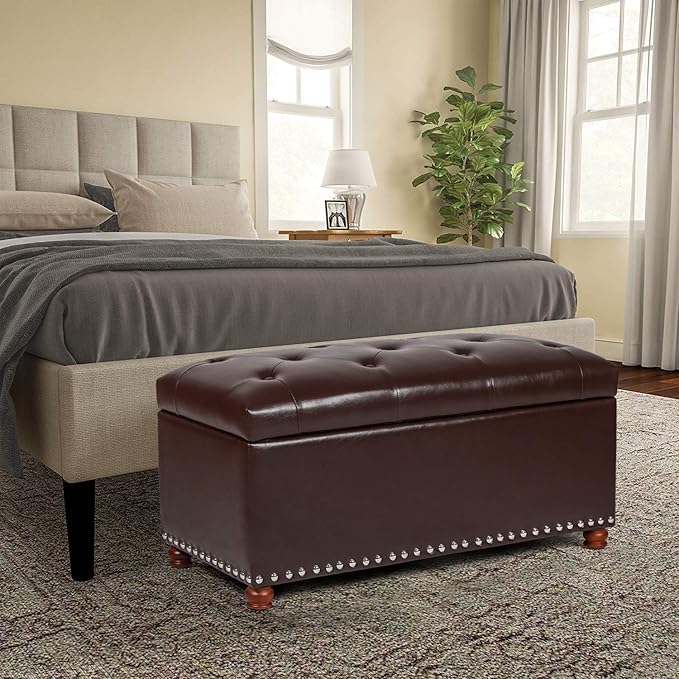 Asense Faux Leather Rectangular Hinged-lid Storage Ottoman, Button Tufted Upholstered Bench, Brown
