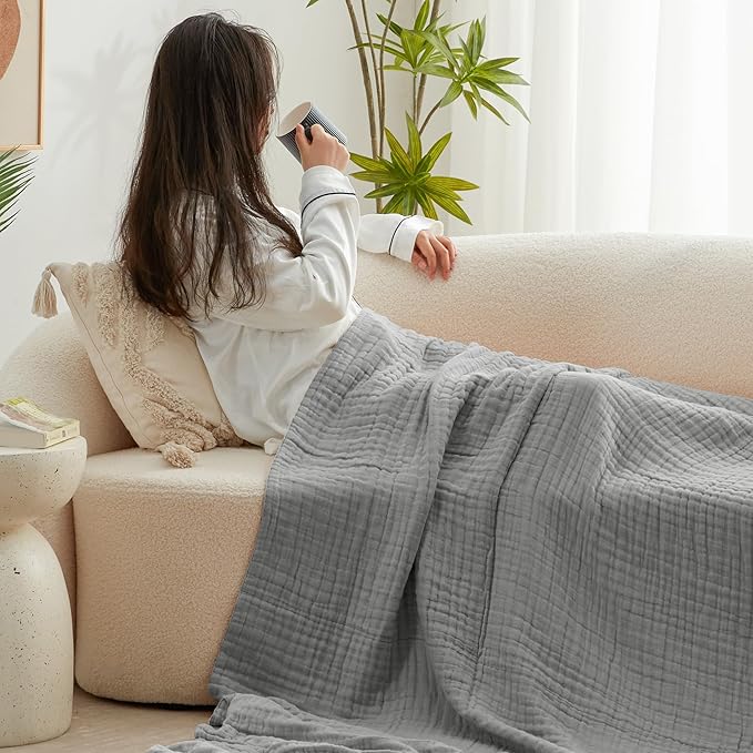 Love's cabin 6 Layer 100% Cotton Muslin Blanket, 108"x90" Muslin King Size Blanket for Bed Couch, Lightweight and Breathable Cotton Gauze for Adult, Medium Grey