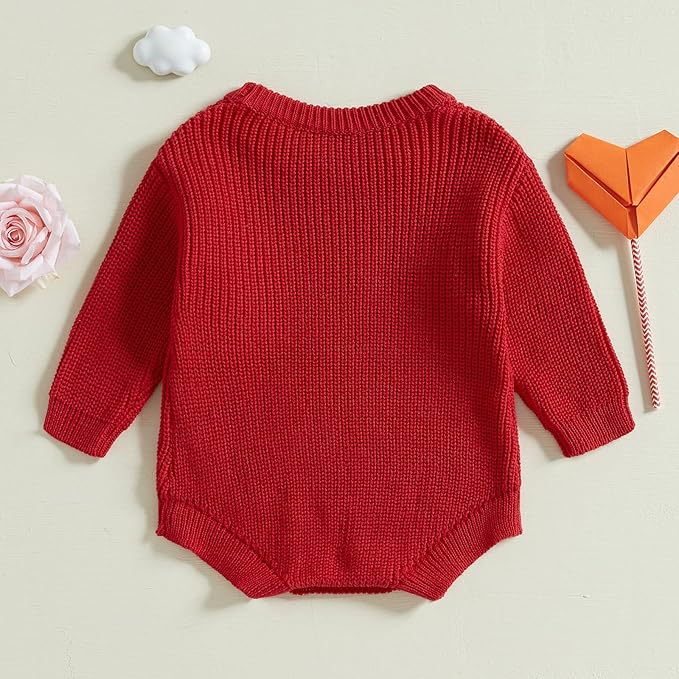 Lesimsam Newborn Baby Boy Girl Valentines Day Outfit Oversized Embroidery Long Sleeve Knit Sweater Bubble Romper Bodysuit