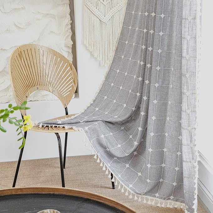 Deeprove Gray Boho Plaid Curtains 63 inch for Home Office Kitchen Nursery, Semi Blackout Casual Farmhouse Tassels Window Treatment Bohemian Embroidery Drape Rod Pocket 1 Panel 52 W x 63 L, Grey