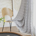 Deeprove Boho Curtains 96 Inches Long for Bedroom Kitchen, Cotton Linen Gray Plaids Embroidered Semi Blackout Bohemian Farmhouse Window Treatment Grids Drape Tassels, 1 Panel W52 x L96 Grey
