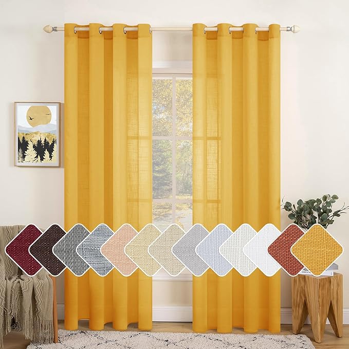 MIULEE 2 Panel 84 Inch Farmhouse Linen Sheer Window Curtains - Elegant Mustard Yellow Fall Drapes with Grommet Top - Voile Panels, Linen Textured for Bedroom, Living Room (52 X 84 Inch)