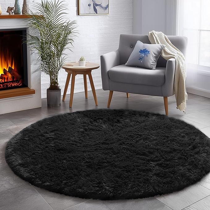 Black Round Rug 6Ft for Bedroom Aesthetic, Fluffy Plush Circle Area Rugs for Living Room, Large Big Fuzzy Modern Cool Carpet for Baby Kids Teen Boys Mens, Office Playroom Nursery Apartment Home Decor
