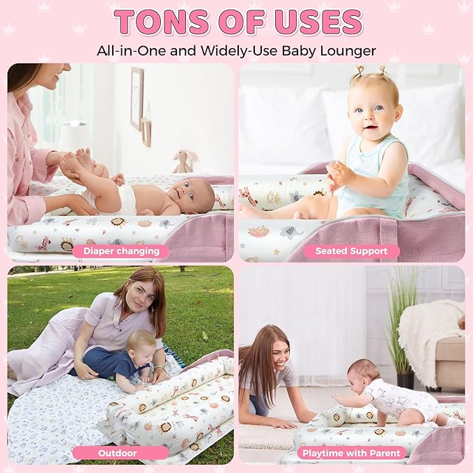 Baby Lounger for Newborn 0-24 Months, Portable Infant Lounger with Soft Breathable Cotton, Adjustable Size Lengthen Space Lightweight & Washable Essentials for Home (2. Pink Animal World)