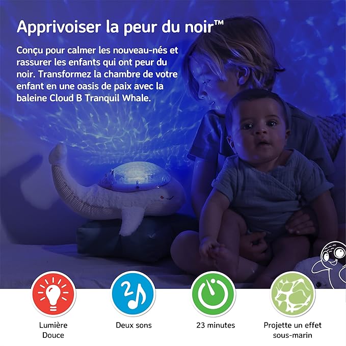 Cloud b Ocean Projector Nightlight with White Noise Soothing Sounds | Adjustable Settings and Auto-Shutoff | Tranquil Whale Family - White