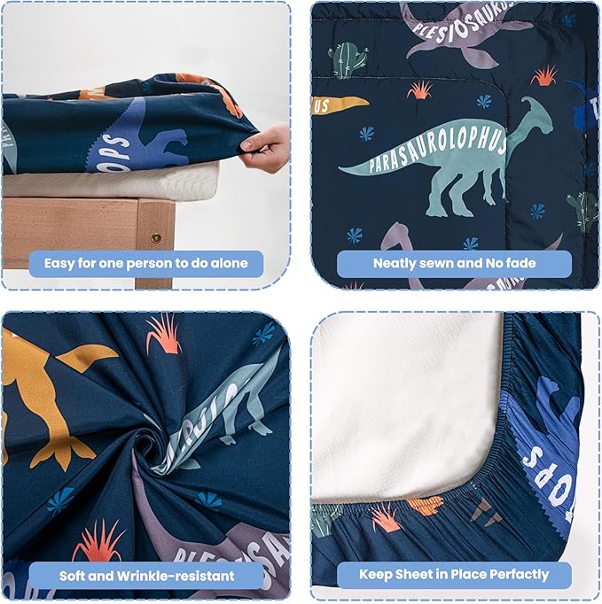 Toddler Bedding Set, Plush Minky Fabric Crib Bedding Set for Girls, Breathable and Soft Baby Crib Bedding Set, Includes Toddler Comforter, Flat Sheet, Fitted Sheet and Pillowcase (Green Dinosaur)