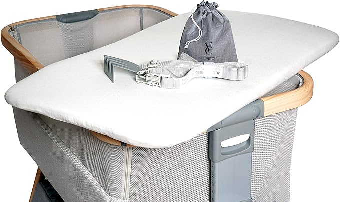 Venice Child California Dreaming Bedside Crib Bassinet w/Travel Case, Bamboo Bassinet Sheet, Removable Bamboo Compressed Cotton Mattress, Height Adjustable, Easy Clean - Grey