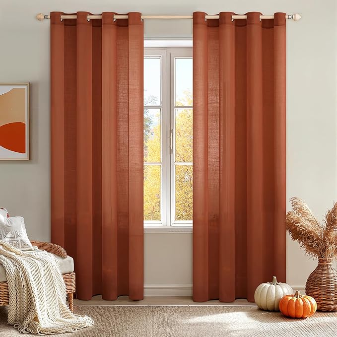 MIULEE Burnt Orange 2 Panels 90 Inch Long Farmhouse Linen Sheer Window Curtains Elegant Terracotta Rust Fall Autumn Drapes Grommet Top Linen Textured Voile for Bedroom Living Room (52 X 90 Inch)