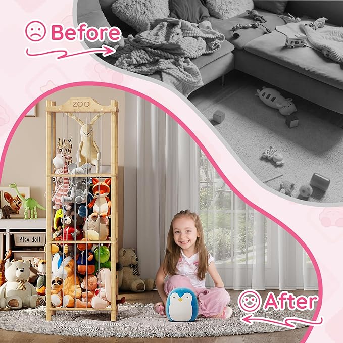 HOOBRO Stuffed Animal Storage & Organizer, Bamboo Stuffed Animal Holder, Plush Toy Storage Organizer for Playroom, Living Room, Nursery, Natural YL65CW01